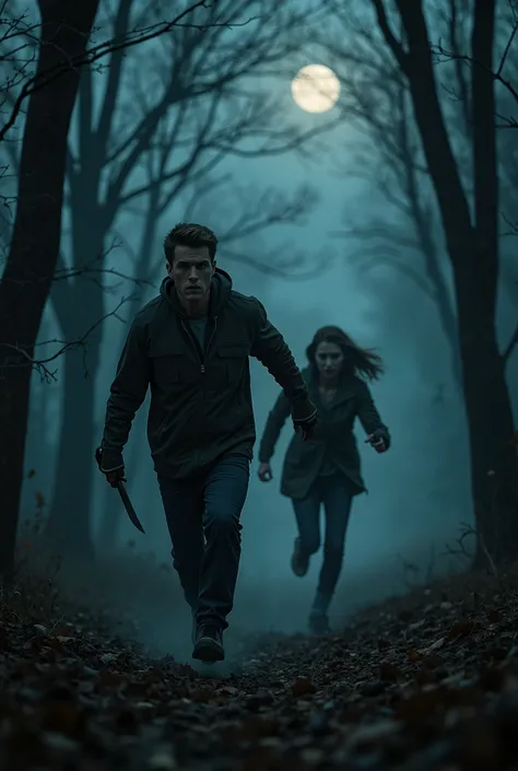 A dark and suspenseful scene depicting a young man with a menacing look, chasing a frightened woman through a dense and misty forest at night. The woman, though visibly depressed and emotionally worn, shows determination and desperation as she runs, trying...