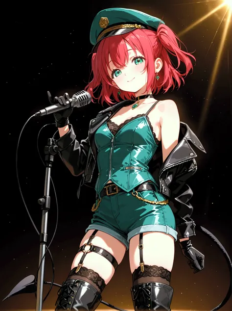  1 girl,  Kurosawa Ruby、  short hair while on a business trip、bangs、(  green eyes:1.3)、 Red Hair、Aqua Hitomi  、  two side up、smile、  Ultra Details 、whole body、leather camisole  、  over knee socks、  is standing、、  Long Boots  、 garter ring、 back、 black glov...