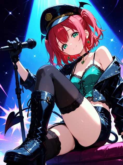  1 girl,  Kurosawa Ruby、  short hair while on a business trip、bangs、(  green eyes:1.3)、 Red Hair、Aqua Hitomi  、  two side up、smile、  Ultra Details 、whole body、leather camisole  、  over knee socks、  is standing、、  Long Boots  、 garter ring、 back、 black glov...