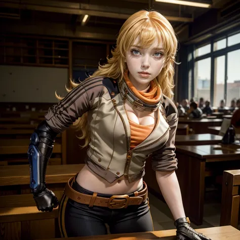 yangxiaolong, yang xiao long, long hair, blonde hair, (purple eyes:1.1), ahoge, bangs, BREAK cleavage, jacket, black pants, belt, mechanical arms, single mechanical arm, prosthesis, prosthetic arm, smile, BREAK indoors, standing in library, BREAK looking a...