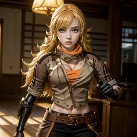 yangxiaolong, yang xiao long, long hair, blonde hair, (purple eyes:1.1), ahoge, bangs, BREAK cleavage, jacket, black pants, belt, mechanical arms, single mechanical arm, prosthesis, prosthetic arm, smile, BREAK indoors, standing in library, BREAK looking a...