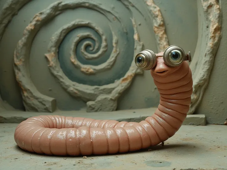 Create an earthworm with lenses,In the background there is a wall with a spiral.