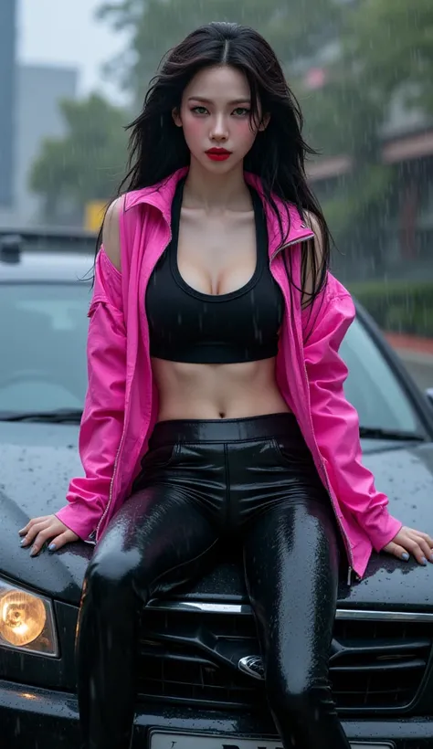  A woman,   sits on top of the car in the rain,  wet whole body , use a pink sports jacket, use long sports pants from below the waist to the calf, black color,   big boobs,   red lips