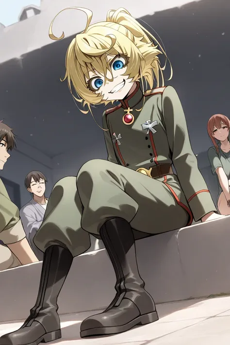 Tanya von Degurechaff do anime Saga of Tanya the Evil , adult, sitting on a wall, smiling
