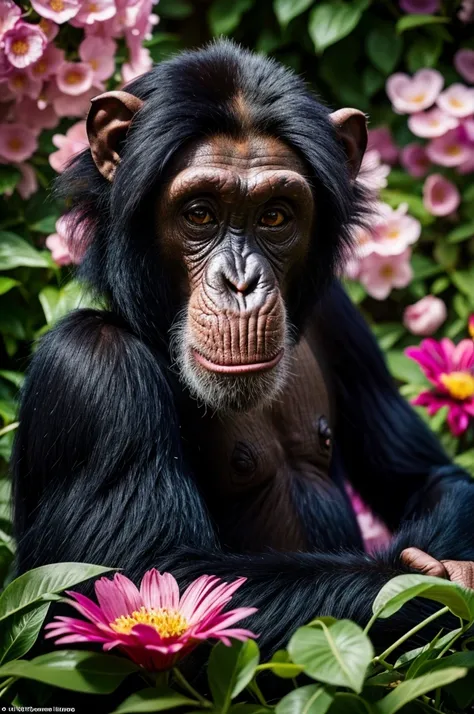 Imagine a chimpanzee with colorful fur of various strong colors, very different from normal, in the middle of a flowery garden, extreme reality, cinematic, 8K, highly detailed