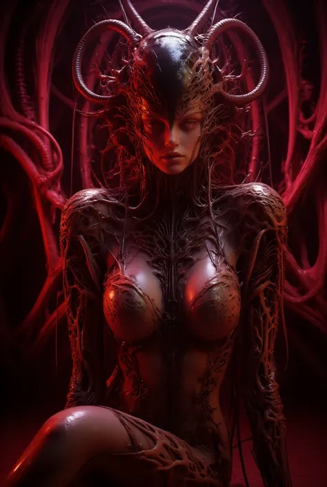 Stunningly gorgeous beautiful perfect hr giger tattooed sexy seductive demonic girl, perfect face, hyper detailed vibranteyes, large breasts, full body view, nude, neon ruby,