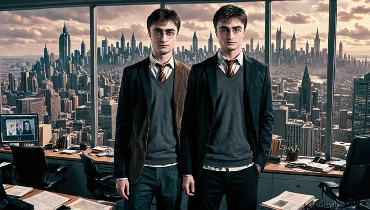  Two young people standing in an office overlooking the city., Harass potter in cyberpunk, por Fuller Potter, Harass potter portrait, art from Harass potter, portrait of Harass potter, Harass, Harass potter style, Hogwarts 2 0 7 7, daniel radcliffe as Hara...