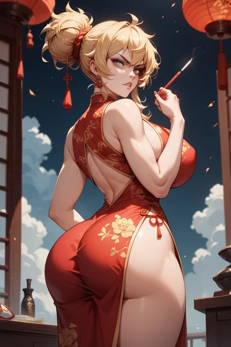 Tanya von Degurechaff anime Saga of Tanya the Evil , adult, change hair from blonde to red, Chinese dress, big breasts, big ass