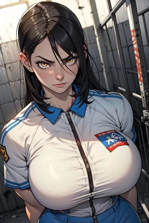 prison jail locked up solo girl prison uniform black hair yellow eyes pale skin crazy eyes manic expression solo girl huge muscles large breasts 