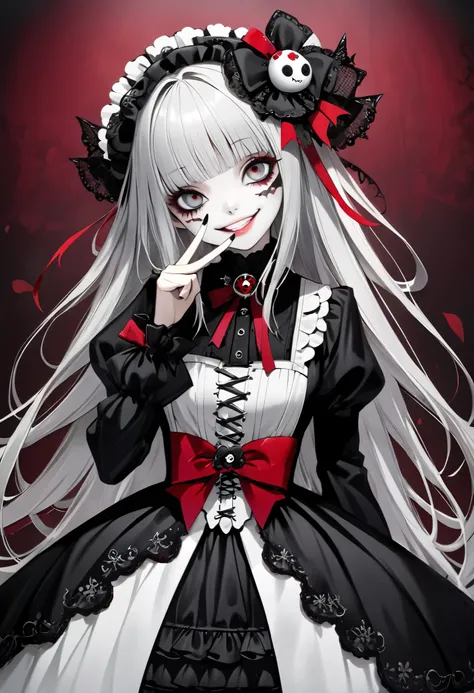 Highest quality, Delicately painted face, ((The textures are soft)), ((matte and toy-like with a handmade premium look)), ((Tim Burton style)), ((wide smile)), ((v over mouth)), Woman with beautiful face, Gothic Lolita Fashion, Black Gothic Fashion, Black ...