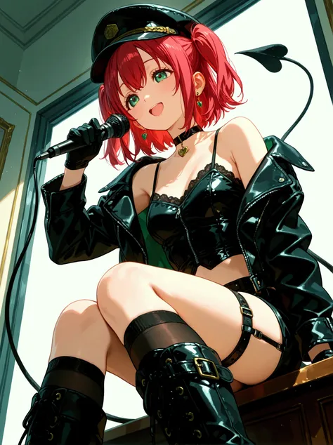  1 girl,  Kurosawa Ruby、  short hair while on a business trip、bangs、(  green eyes:1.3)、 Red Hair、Aqua Hitomi  、  two side up、smile、  Ultra Details 、whole body、leather camisole  、  over knee socks、  is standing、、  Long Boots  、 garter ring、 back、 black glov...