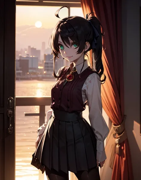 (masterpiece:1.2), (best quality:1.2), (ultra detailed:1.3), (intricate details:1.3), solo girl, shyly smiling, her hands behind her back, standing in front of a glowing sunset with a window view:1.2, soft ambient lighting, rim light highlighting hair:1.3,...