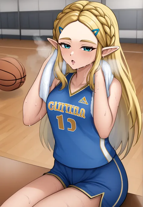 masterpiece, best quality, highres, aazelda, Princess_Zelda, long hair, crown braid, hairclip, pointy ears, blue tanktop, inside gym, standing, cowboy shot, gym background, open mouth, out of breath, sweaty, sweating, exhuasted, tired exporession, sexy, ba...