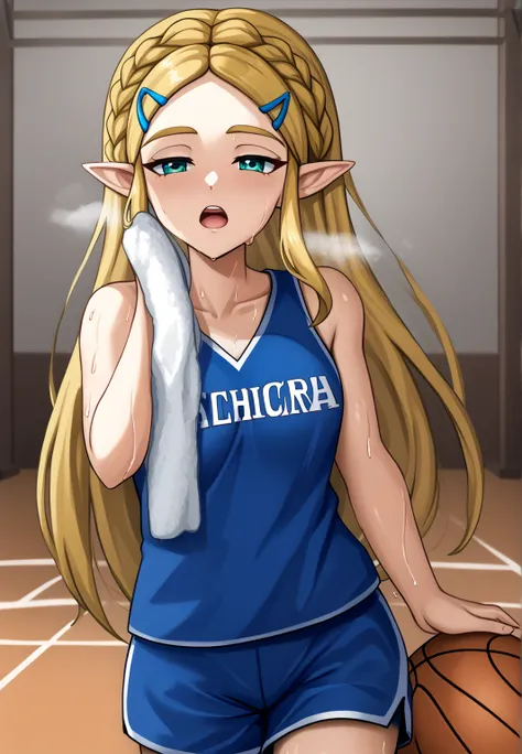 masterpiece, best quality, highres, aazelda, Princess_Zelda, long hair, crown braid, hairclip, pointy ears, blue tanktop, inside gym, standing, cowboy shot, gym background, open mouth, out of breath, sweaty, sweating, exhuasted, tired exporession, sexy, ba...