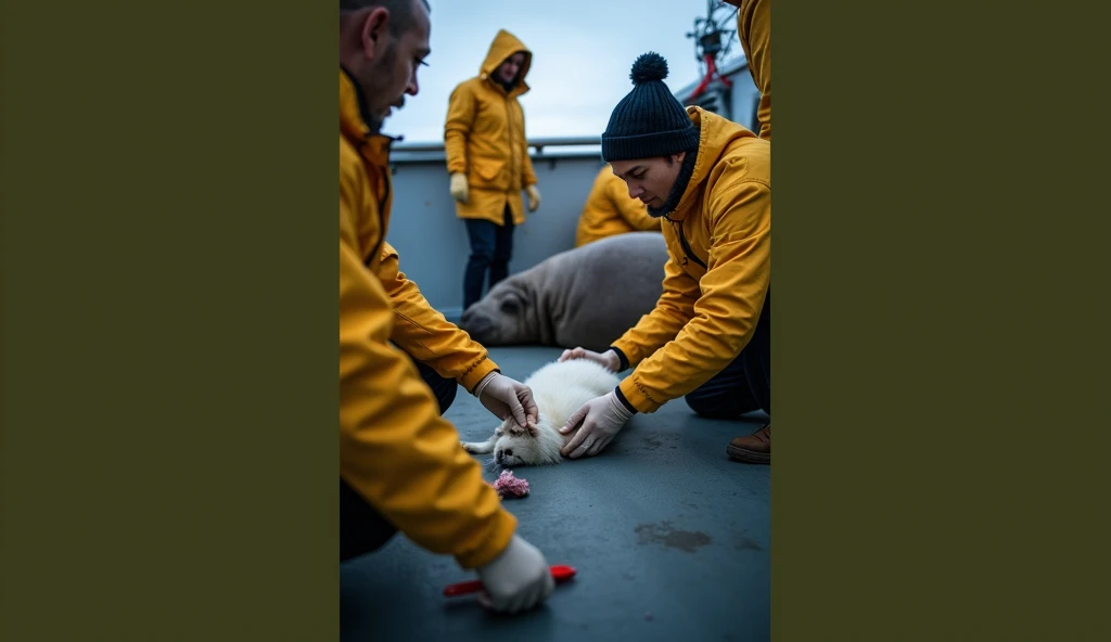 The Care and Healing Process

The ship’s deck is bustling with calm precision as medical staff in yellow coats rush to the fox’s side. Their hands, gloved and steady, tend to the white small fox’s injuries, applying bandages with tender care. Despite the c...