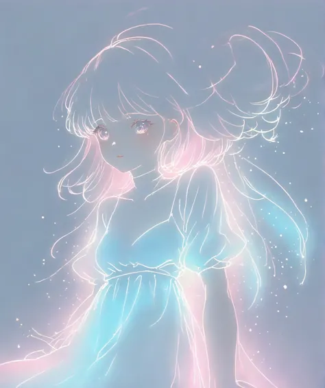 1girl, wering a white dress, (Shining pastel colour themes:1.3), White, pastel pink, pastel blue, portrait, (((Line art in glowing white neon)))