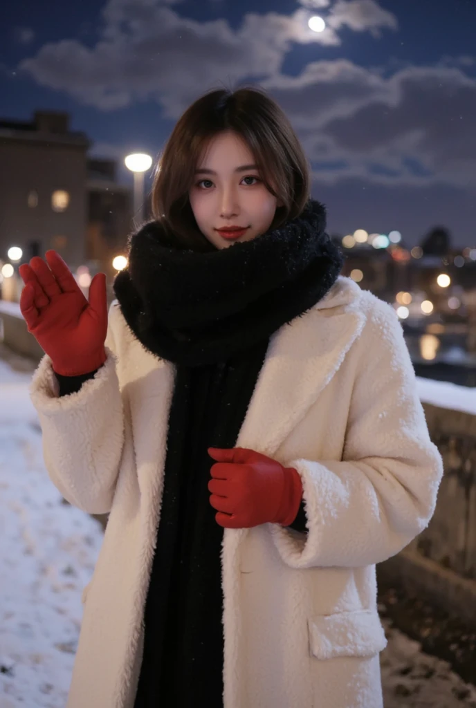  black fluffy scarf, long white winter coat, red gloves, fluffy gloves, , standing,cold, flushed cheeks, red nose, breathing effects, light smile,parted lips,reaching out, , looking at viewer, , , outdoors, night, snowing, cloud, sky,(moon:1.4) , , city li...