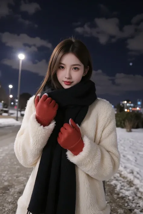  black fluffy scarf, long white winter coat, red gloves, fluffy gloves, , standing,cold, flushed cheeks, red nose, breathing effects, light smile,parted lips,reaching out, , looking at viewer, , , outdoors, night, snowing, cloud, sky,(moon:1.4) , , city li...