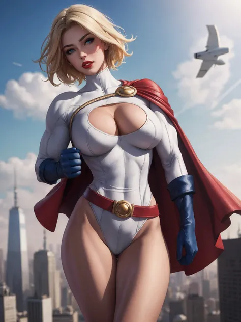 de forehead,pose, looking at the spectator,Alone , BREAK, 
 cartoon _CD_POWERFUL GIRL_ ownwaifu , www. ownwaifu ., 
breasts,  blond hair , Blue eyes, large breasts,  short hair, Lips, thighs, make-up, Lipstick, muscular,  muscular woman , thick thighs, hug...