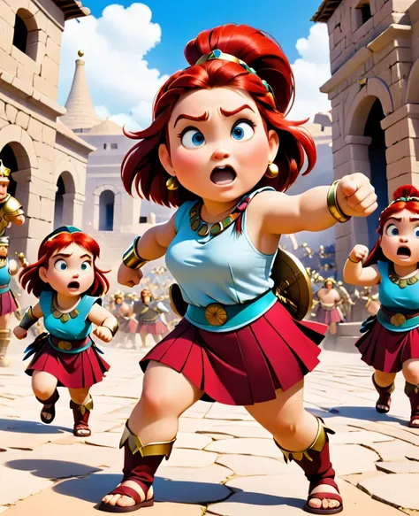 Chubby red-haired girls from the Gallic village of Asterix and Obelix fighting the Romans before Cleopatra's watchful eye 