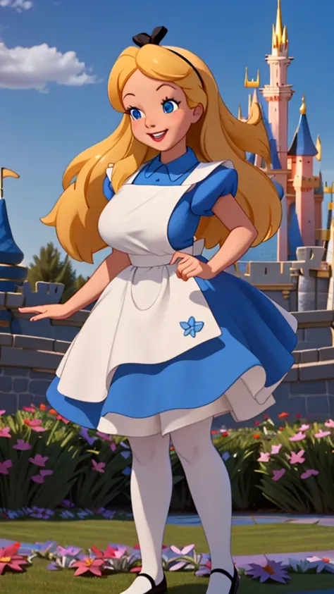 (masterpiece), (best quality), (extremely detailed), alice liddell, blue mini dress, white tiny apron, black hairband, white long pantyhose in very thick thighs, cute pose, in a flower garden, (((disney castle at the background))), (blue sky), (sunny day),...