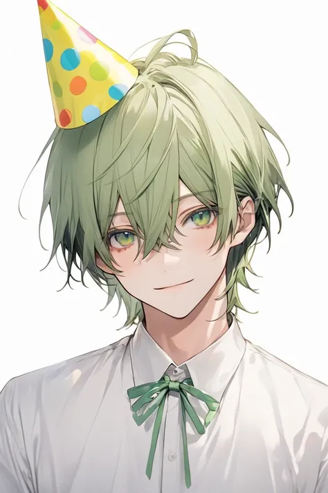 ((simple background, plain background, white background)), standing,frontal face, 1 man, green eyes,Green Hair,  bangs between eyes, birthday,party hat,