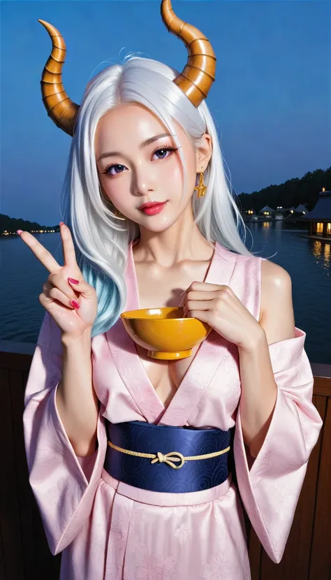 A young woman with elegant long, silver-white hair, styled loosely with soft waves. Her hair falls naturally around her shoulders, and she has two small, sharp, golden horns emerging symmetrically from her head. She is wearing a traditional Japanese yukata...