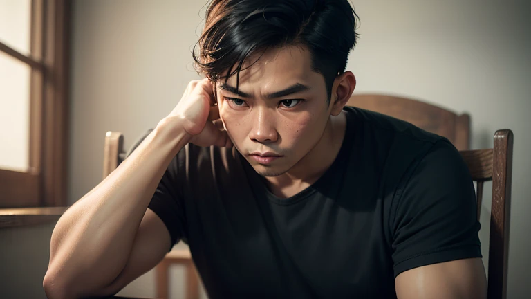 portrait of an Indonesian man, white skin, short hair, black t-shirt, contemplating in an old chair, feeling confused, sad, realistic, 4K,HD,