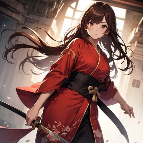 Chubby red kimono female sword fighter with brown hair long hair