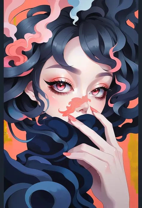 chiaroscuro technique on sensual illustration of an devilish woman portrait of a woman covered in cloud of smoke, whirlwind, coral highlight colors, coral make-up, hints of pastel, misty, seductive, sultry, breathtaking, oil painting style, artistic, aesth...