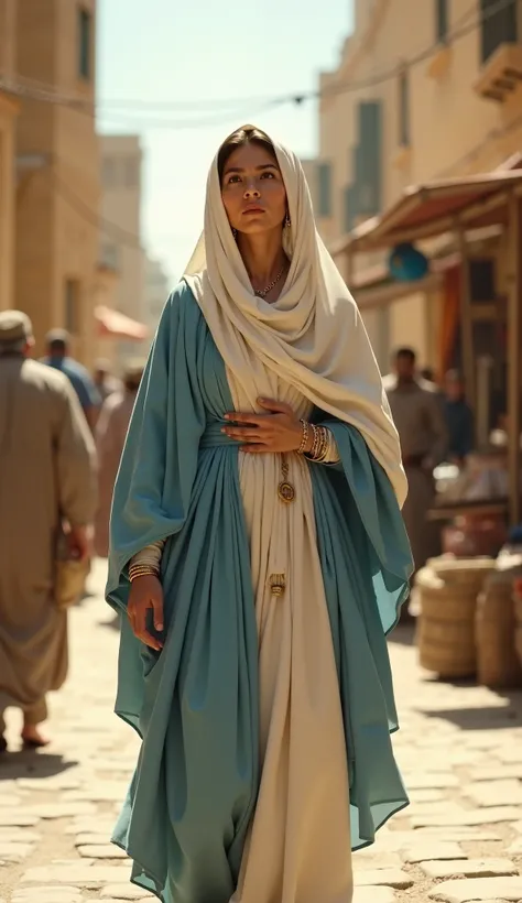 "The Virgin Mary walking through the ancient streets of Jerusalem, depicted with realistic details. She wears a soft blue and white robe, her expression serene and contemplative, surrounded by the warm, golden hues of the ancient stone buildings. The stree...