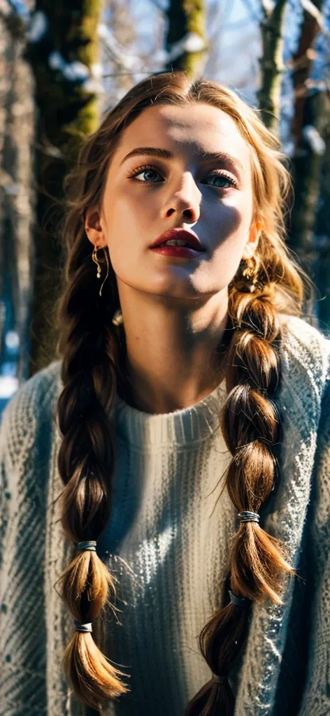 RAW, professional photograph, medium shot, photorealistic, realistic lights, realistic shadows, hyper-realistic, ray tracing, super detail, UHD, 8k, female, twenty years old, athletic body, soft facial features, long braided hair, viking hairstyle, straigh...