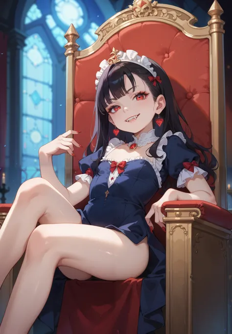 1girl, young vampire girl, smirk, sexy pose, pale skin, vampire fangs, full of details, black hair, neon red eyes, old rustic mansion, throne room, sitting on a throne made of bones, (night time:1.2), cinematic lighting,