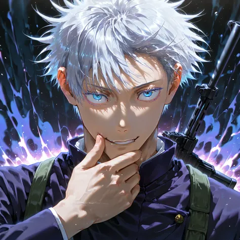 Masterpiece,  最  High Quality   ,     High Quality  ,      very aesthetic,    fool  , up to date, detailed shading,   Photorealistic,    one boy, Jujutsu Kaisen、Gojo Satoru, Gray Hair,  short hair while on a business trip,  spiky hair , blue eyes, Color ey...