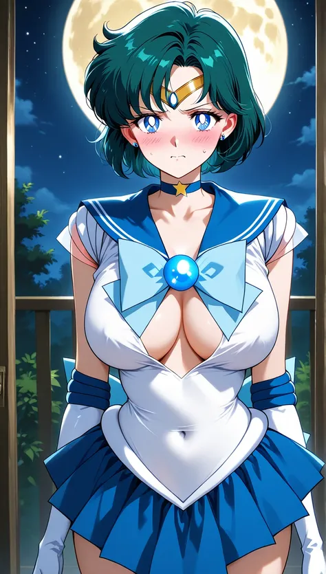 Masterpiece,  best quality , Alone, Sailor Mercury　Fully clothed　 big breasts　 no bra　Poses for action　 serious expression　night　night空　 full moon