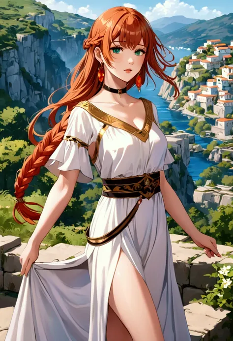 Flamme,1girl,bangs,solo,braided ponytail,single braid,brown hair,orange hair,very long hair,sidelocks,red earrings,hair over one eye,green eyes,blue eyes,collarbone,golden choker,greek clothes,white shirt,medium breasts,short sleeves,white dress,hand on hi...