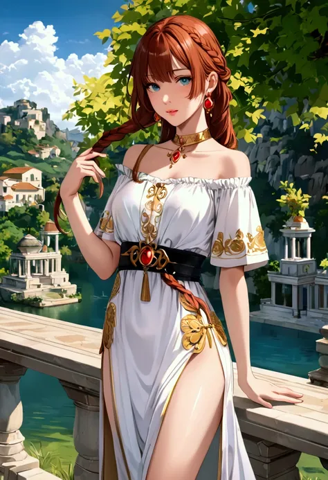 Flamme,1girl,bangs,solo,braided ponytail,single braid,brown hair,orange hair,very long hair,sidelocks,red earrings,hair over one eye,green eyes,blue eyes,collarbone,golden choker,greek clothes,white shirt,medium breasts,short sleeves,white dress,hand on hi...