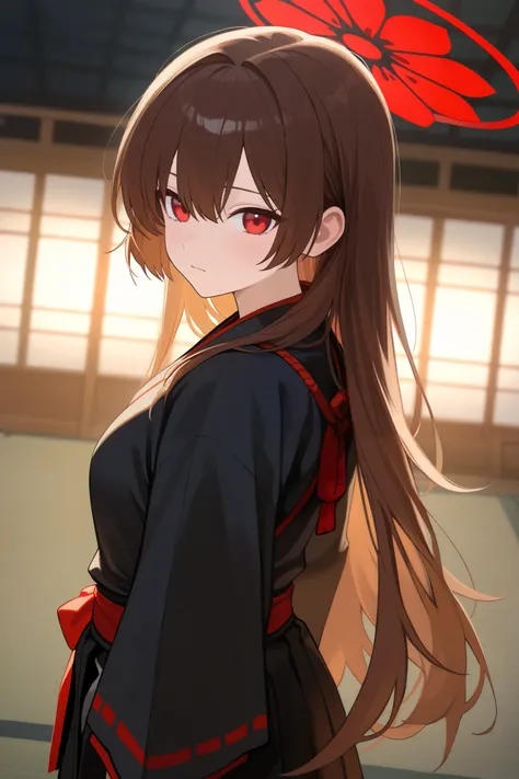 1 girl, Hair length reaches the back, Brown hair and red on the edges of the hair, red eyes, but not bright, Wear a samurai outfit, หน้าอกไซส์ปานกลาง, have a red halo