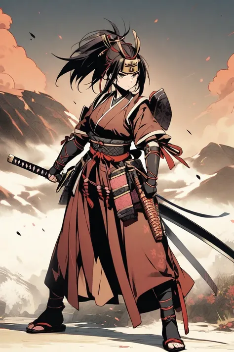 Female samurai warrior with long clothes crystal samurai sword