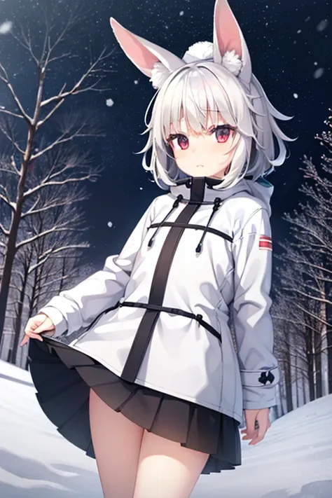 kemono, rabbit woman, cute aspect, innocent face, white medium hair, snow clothes and short skirt, innocent, snow, snowy forest, winter, flat ilumination