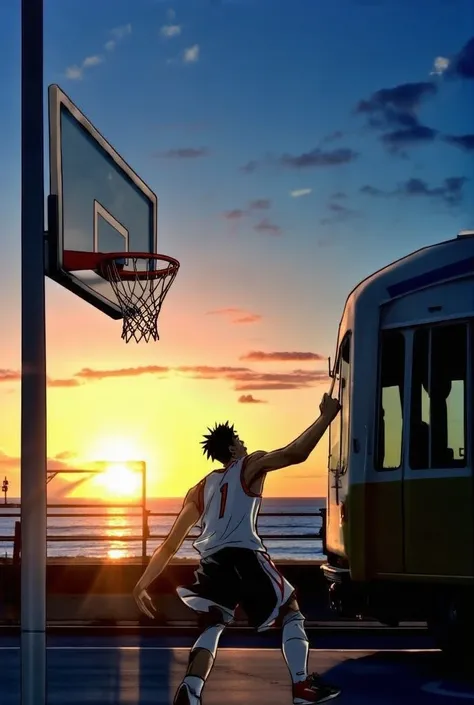 Manga Slam Dunk, the place is in shonan city in Japan where nearby the sea, beautiful sunrise and passing through a train in his background in the scene what he's practicing as his routine, an iconic charactor in this manga who is a basketball player, like...