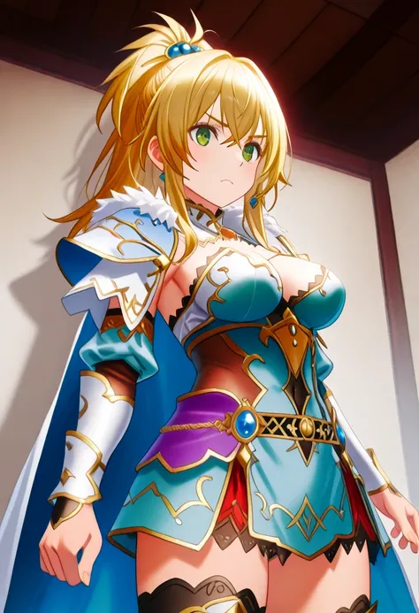  1 girl、Final Emperor 、 Romancing Saga 2、solo、masterpiece、 best quality、 absurd、 detailed skin、 anime color 、 Anime Screen Capture、 Official Art、Final Emperor 、 Romancing Saga 2、 green eyes、 blonde hair、Cape、armor、 thigh high boots、 long hair、 short dress、...