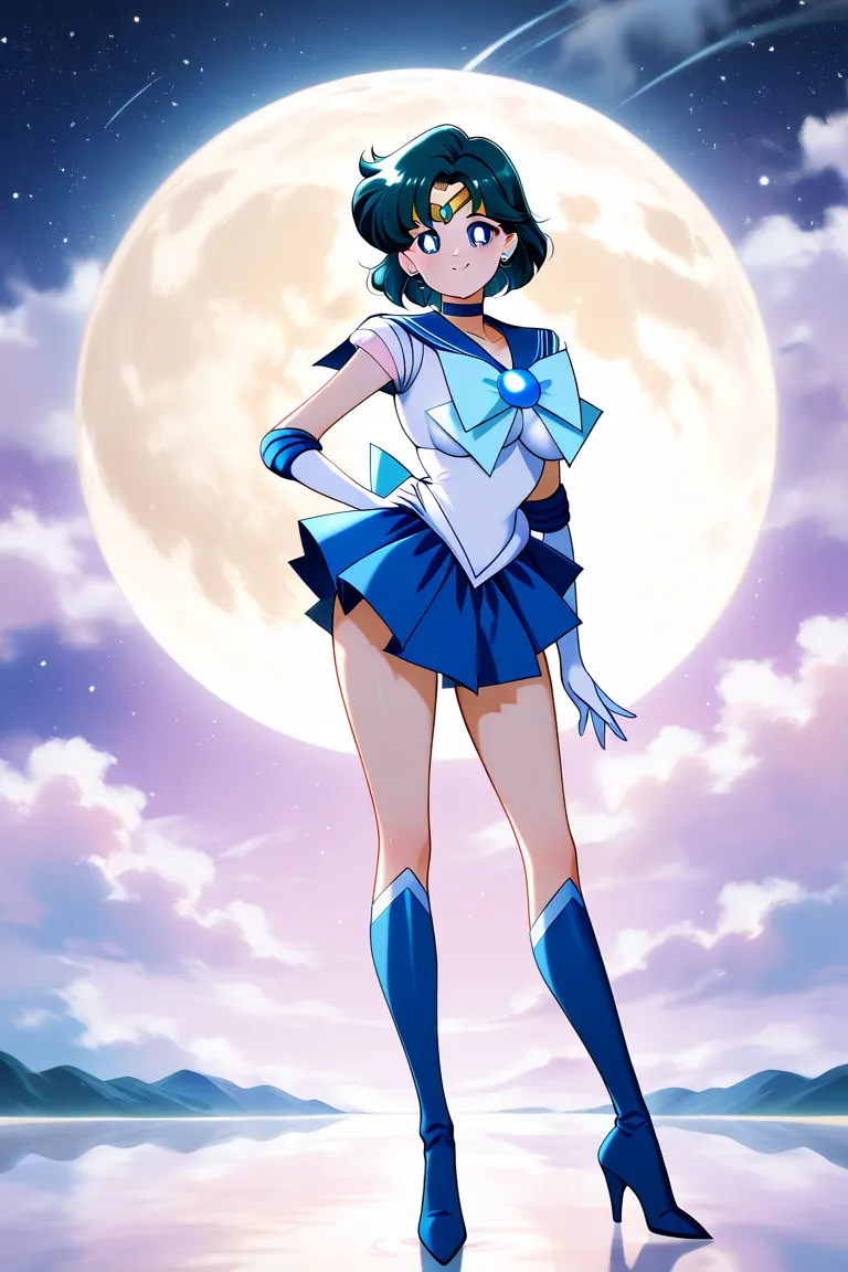 Masterpiece,  best quality , Alone, Sailor Mercury　Fully clothed　 big breasts　 　Poses for action　 smile full body　night　night空　 full moon