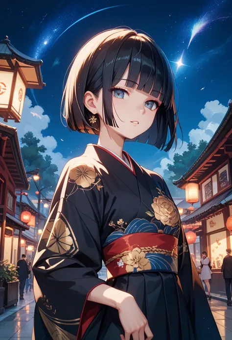 Masterpiece,  best quality,  more details.  1 girl,   Bob Cut,   black hair, blunt bangs, blunt ends,  black kimono, amaryllis print, Night Sky