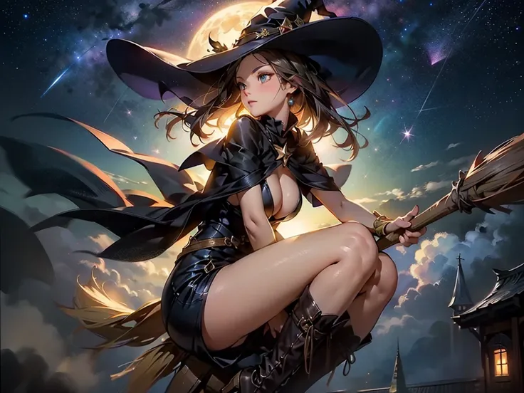 (( Pretty Girl Witch Riding a Flying Broom ))、OPLL, riding on a broomstick, ( best quality、8k、 high resolution、masterpiece:1.2)、 RAW photos 、Realistic、Ultra-detailed、 1 girl、solo、 back view、 look back and watch the viewers、(Straddling the pattern of a broo...