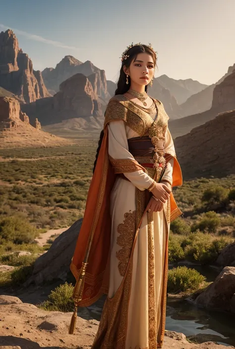 “Create an original heroic female character inspired by the stories and themes of the Book of Genesis from the Bible. She should embody wisdom, courage, and deep faith, representing the virtues and challenges faced by women in the early biblical era. Imagi...