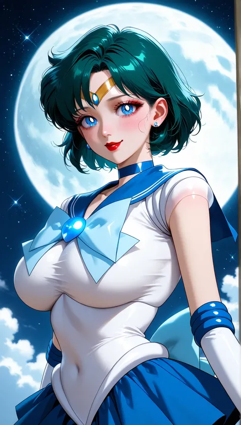 Masterpiece,  best quality , Alone, Sailor Mercury　Fully clothed　 big breasts　 　Poses for action　 smile red lips　night　night空　 full moon