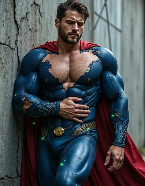 ricjanicki, wearing blue, form-fitting Superhero suit with a red cape, his chest and left shoulder is tattered and torn revealing his bare skin, leaning one arm against a exterior concrete wall, sore, with his eyes closed and his mouth slightly open, he ap...