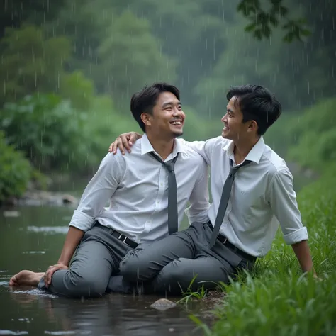 romantic gay couple. an Indonesian man lying on river, it is raining On the right and left sides of the river, there are lush grass, laughing cheerfully, there was a gentleman's sitting smilling is seento try to bite the zipper of the man's pants with his ...