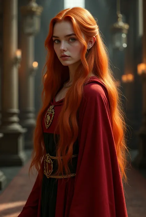 Make a girl with red hair down to her feet straight dressed as a Gryffindor 